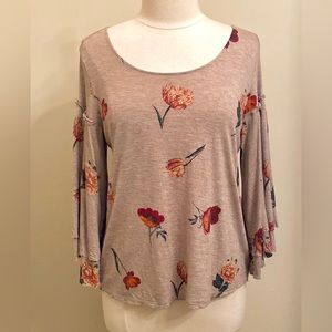 Lucky Brand Duquet Gold Beige Red Floral Fairycore Boho Chic Peasant Top SZ M